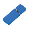 A blue flash drive with a silver clip, featuring a sleek and modern design.