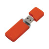 An orange flash drive with a silver connector and a removable cap. It features a logo on its body.