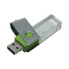A transparent flash drive with a green and silver casing, featuring a swivel design for easy access.
