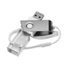 A 3D crystal swivel flash drive in silver and clear, featuring a loop for attachment and a branding logo.