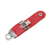 A red PU leather flash drive with a metal clip and snap closure. Features a silver USB connector and branding.