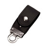 A black PU leather flip drive with a silver metal clip and snap closure, featuring a logo.