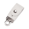 A white PU leather flip drive with a metal clasp and button closure, featuring a branding logo.