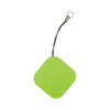 A green, square-shaped tracking device with a black attachment loop and a button.