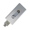 A silver USB flash drive with a sliding cover mechanism, featuring a branding logo.