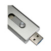 A silver USB flash drive with a sliding mechanism and a blue connector, featuring a logo on its surface.
