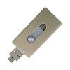 A gold USB flash drive with a sliding mechanism and a silver button, featuring a logo on its surface.