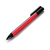 A red metal USB pen with a black cap and a sleek design, featuring a logo on its body.