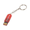 A red flash drive with a keyring attachment, featuring a logo and a USB connector.