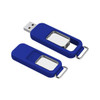 A blue flash drive with a metal loop for attaching to keyrings or bags, featuring a sleek design.