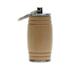 A wooden barrel-shaped USB drive with a silver keychain attachment. The item features a light brown finish.