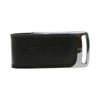 A sleek black leather flash drive with a silver metal clip and a subtle logo.