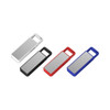 A collection of four flash drives in white, black, red, and blue, featuring a metallic surface and a logo.