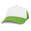 A trucker cap featuring a white front and a bright green mesh back and visor.