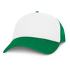 A trucker cap featuring a white front with a green visor and mesh back.