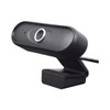 A black webcam camera with a circular lens and textured design, mounted on a swivel base.