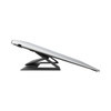 A slim, silver laptop stand with a black base, designed for ergonomic viewing angles. Features a minimalist design and branding.
