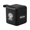 A black mini cube-shaped Bluetooth speaker featuring a logo and light-up design.