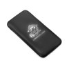 A black power bank with an engraved logo, featuring a sleek, modern design.