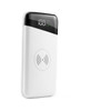 A white wireless power bank with a digital display, featuring a logo and a charging icon.