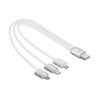 A white charging cable featuring a USB end and three connectors for various devices. It has a simple design.