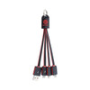 A flat charging cable in black and red with multiple connectors, featuring a logo and a keyring attachment.