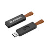 A black USB flash drive with a brown strap, featuring a logo on one side.