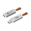 A silver and white flash drive with a brown strap and a logo.