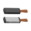 A flash drive in black and silver with a brown leather strap, featuring a logo on the side.