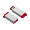 A red and silver flash drive with a retractable USB connector. The product has a smooth metallic finish and a branding logo.