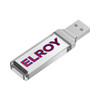 A clear USB flash drive with a metallic connector and a branding logo.
