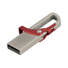 A silver flash drive with a red clip for easy attachment, featuring a logo on the body.