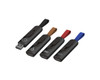 A collection of four Churchill Flash Drives in black, with red, blue, and brown straps, each featuring a logo.