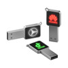 Three silver LED flash drives with various logos: a square drive, a rectangular drive, and a rounded drive.