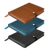 A collection of three notebooks in brown, teal, and black, featuring a smooth finish and a secure closure.