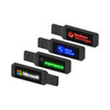 A collection of black LED flash drives featuring logos from various companies.