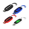 A collection of four LED flash drives in black, blue, red, and white, each featuring different logos.