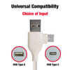 A white charging cable with a USB Type A and USB Type C connector, featuring a logo.
