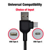 A charging cable featuring USB Type A and USB Type C connectors in black, with a logo displayed on the cable.