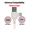 A charging cable with a white finish, featuring USB Type A and USB Type C connectors. The image includes branding.