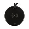 A round black wireless charging sound lamp featuring a sleek design with a logo at the base.