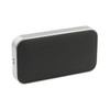 A compact rectangular Bluetooth speaker in silver and black, featuring a sleek design and a logo on the surface.