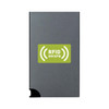 A grey RFID case featuring a sleek design and a logo, designed for secure card storage.