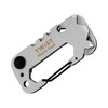 A silver multi-tool with a keyring attachment, featuring various tools and a branding logo.