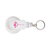 A white keychain torch with a round lens and a branding logo. Features a simple design for easy portability.