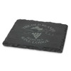 A single slate coaster in dark grey with a grapevine design and a logo. Edges are textured and natural.