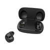 A pair of black wireless earbuds in a charging case, one earbud outside the case. The case has a simple design.