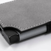 A grey vegan RFID wallet with a textured finish and contrasting stitching, featuring a black edge.