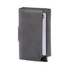 A grey vegan wallet with a sleek design displaying a card partially inserted and featuring a logo.