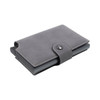 A grey vegan leather wallet with a button clasp and a slim design. It features a logo on the front.